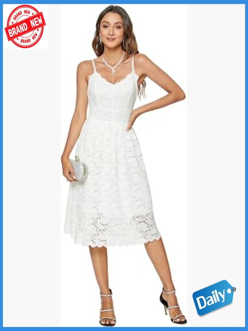 Lace Floral Spaghetti Strap V Neck Swing Cocktail Midi Dress